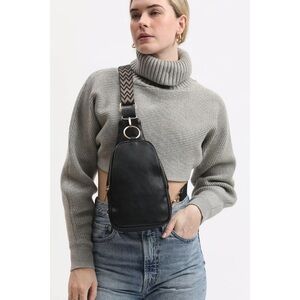 Moda Luxe Black Crossbody Bag with Patterned Strap